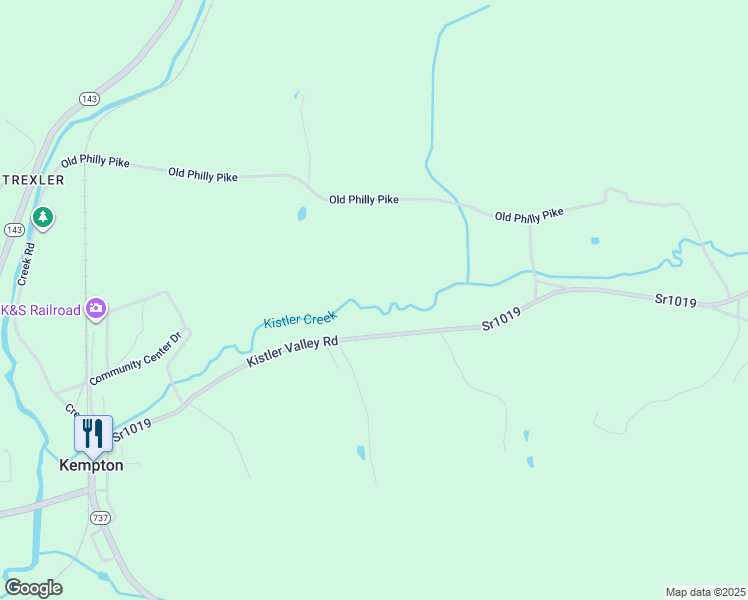 map of restaurants, bars, coffee shops, grocery stores, and more near 9571 Kistler Valley Road in Kempton