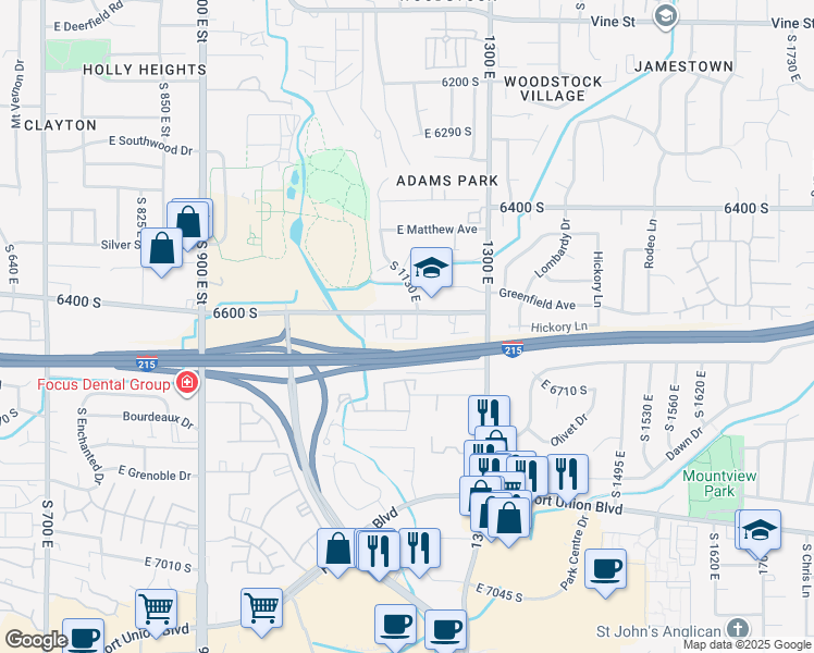map of restaurants, bars, coffee shops, grocery stores, and more near 1180 East 6600 South in Murray