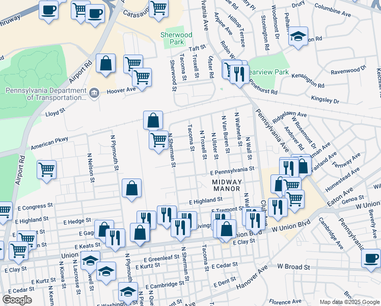 map of restaurants, bars, coffee shops, grocery stores, and more near 1936 East Woodlawn Street in Allentown