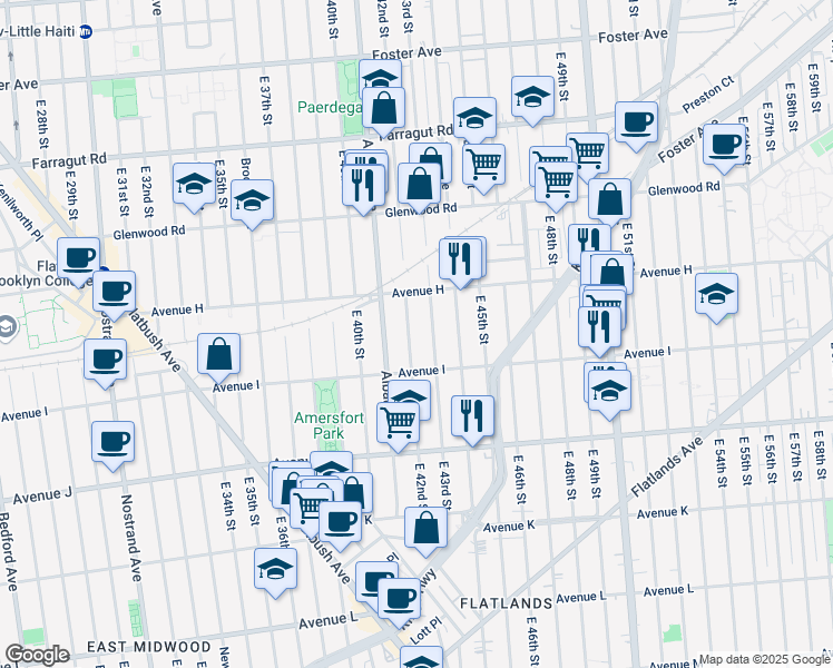 map of restaurants, bars, coffee shops, grocery stores, and more near 1010 East 43rd Street in Brooklyn