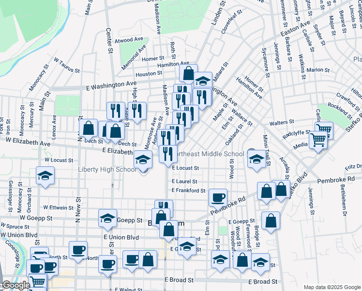 map of restaurants, bars, coffee shops, grocery stores, and more near 1330 Easton Avenue in Bethlehem