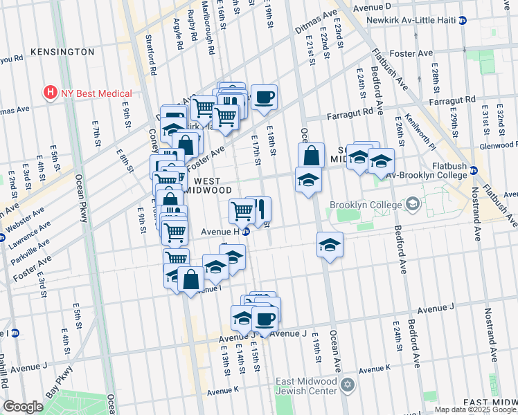 map of restaurants, bars, coffee shops, grocery stores, and more near 800 East 17th Street in Brooklyn