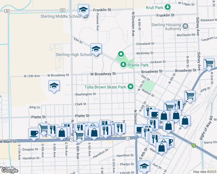 map of restaurants, bars, coffee shops, grocery stores, and more near 523 North 3rd Avenue in Sterling