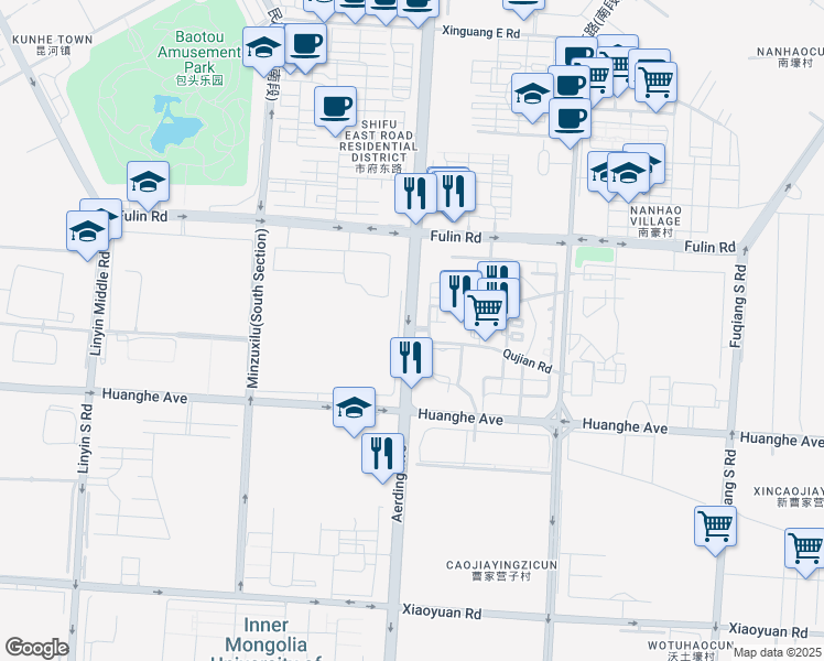 map of restaurants, bars, coffee shops, grocery stores, and more near A Er Ding Da Jie in Bao Tou Shi