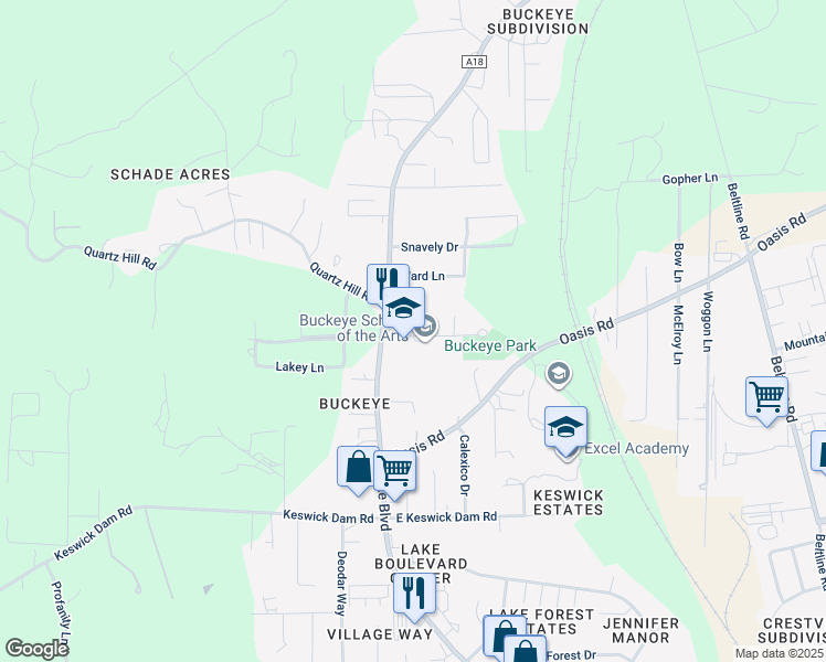 map of restaurants, bars, coffee shops, grocery stores, and more near 3380 Hiatt Drive in Redding