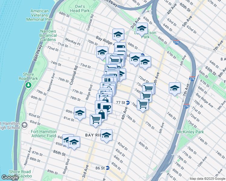 map of restaurants, bars, coffee shops, grocery stores, and more near 7503 3rd Avenue in Brooklyn