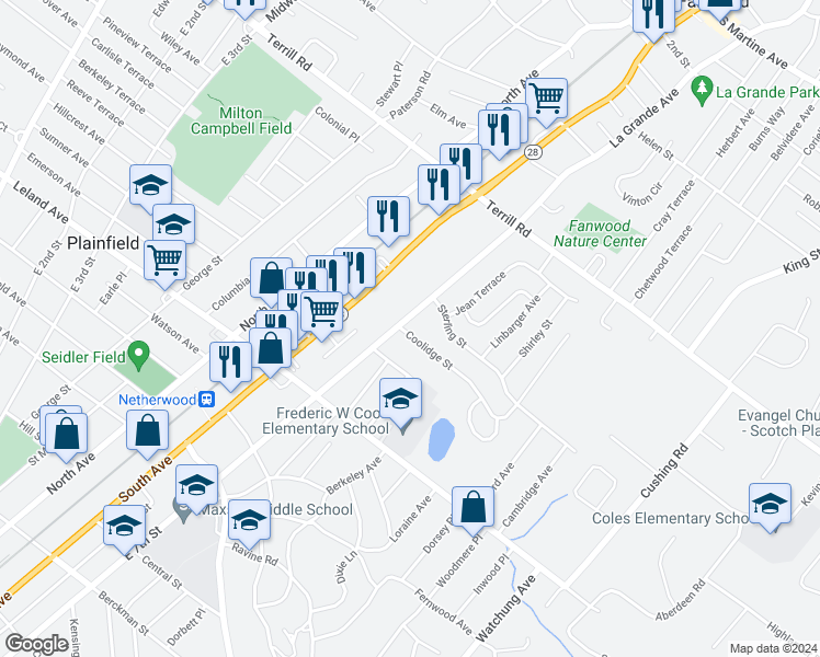 map of restaurants, bars, coffee shops, grocery stores, and more near 1328-32 East 7th Street in Plainfield