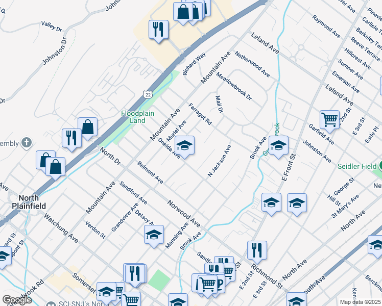 map of restaurants, bars, coffee shops, grocery stores, and more near 158 Oneida Avenue in North Plainfield