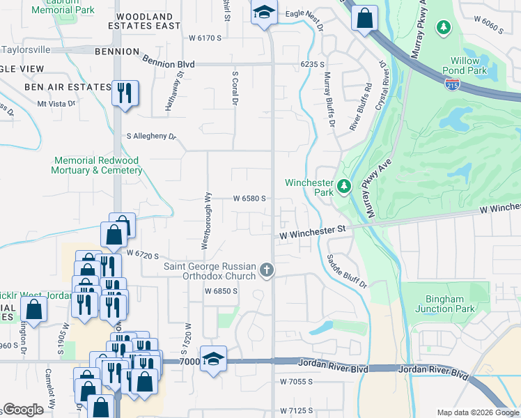 map of restaurants, bars, coffee shops, grocery stores, and more near 1327 West Wallsburg Drive in Taylorsville