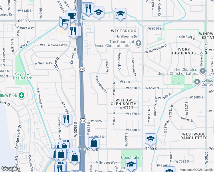 map of restaurants, bars, coffee shops, grocery stores, and more near 6634 South 3380 West in West Jordan