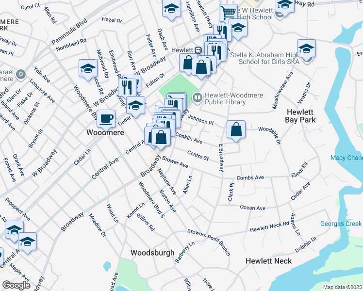 map of restaurants, bars, coffee shops, grocery stores, and more near 39 Centre Street in Woodmere