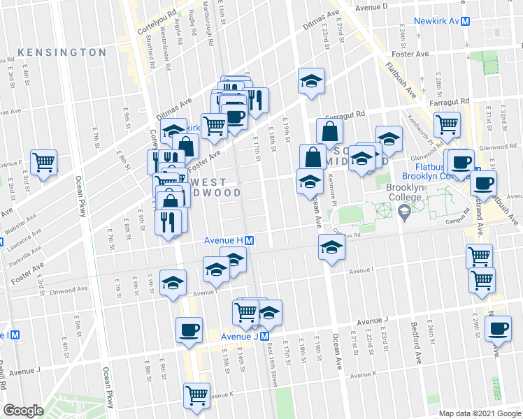 map of restaurants, bars, coffee shops, grocery stores, and more near 832 East 17th Street in Brooklyn