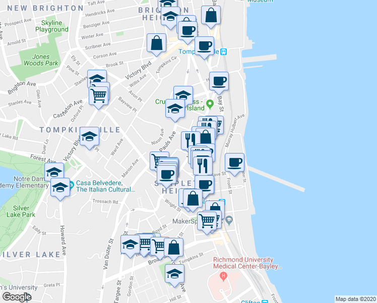 map of restaurants, bars, coffee shops, grocery stores, and more near 480 Bay Street in Staten Island