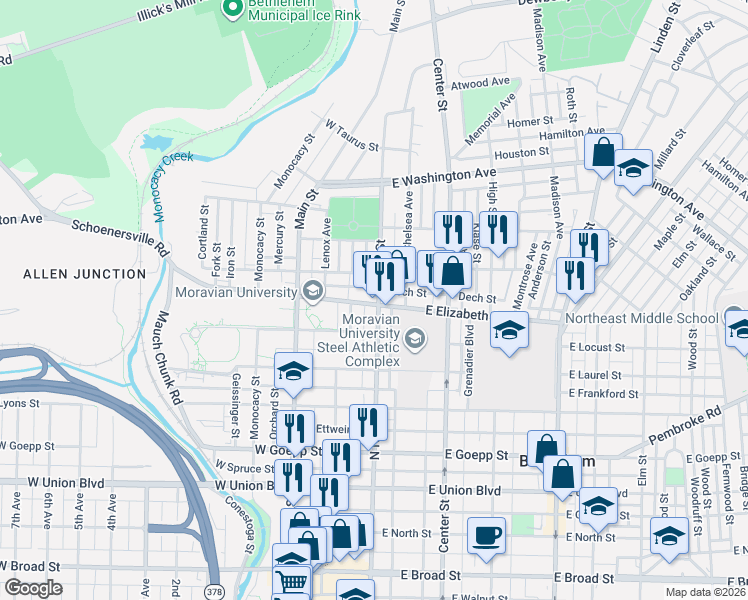 map of restaurants, bars, coffee shops, grocery stores, and more near 1214 North New Street in Bethlehem