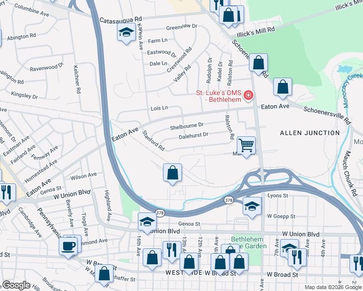 map of restaurants, bars, coffee shops, grocery stores, and more near 1345 Martin Court in Bethlehem