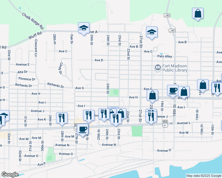map of restaurants, bars, coffee shops, grocery stores, and more near 2301-2399 Ave H in Fort Madison