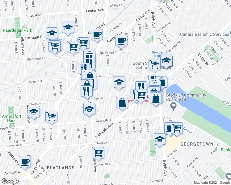 map of restaurants, bars, coffee shops, grocery stores, and more near 1102 East 54th Street in Brooklyn