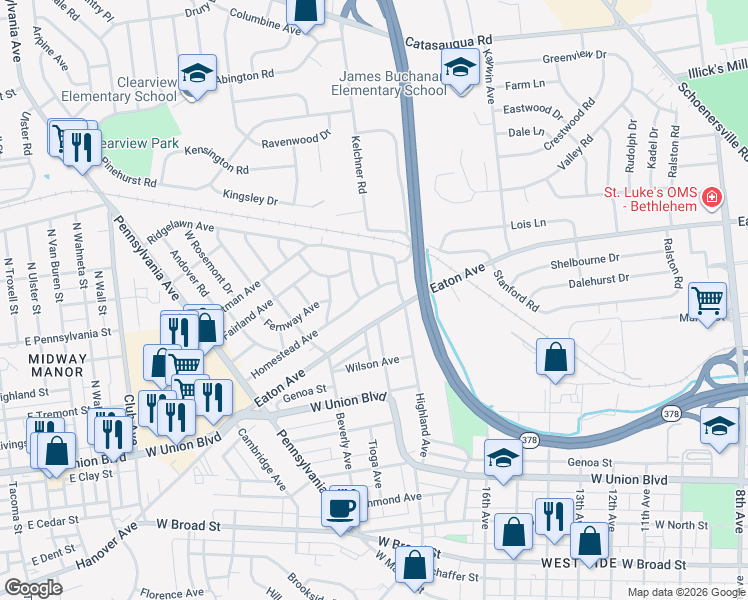 map of restaurants, bars, coffee shops, grocery stores, and more near 1856 Eaton Avenue in Bethlehem