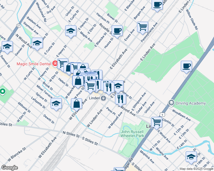 map of restaurants, bars, coffee shops, grocery stores, and more near 102 East Elizabeth Avenue in Linden