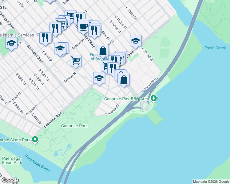 map of restaurants, bars, coffee shops, grocery stores, and more near 1771 East 93rd Street in Brooklyn