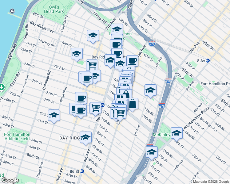 map of restaurants, bars, coffee shops, grocery stores, and more near 454 74th Street in Brooklyn