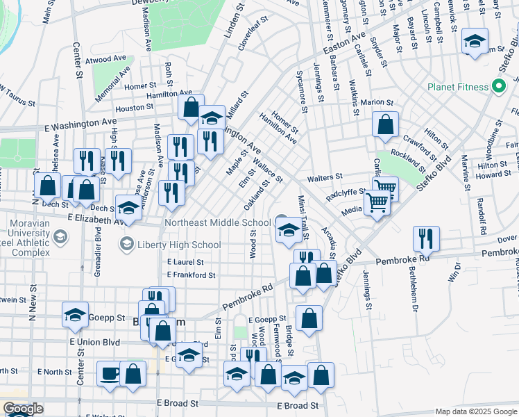 map of restaurants, bars, coffee shops, grocery stores, and more near 1422 Wood Street in Bethlehem