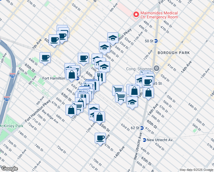 map of restaurants, bars, coffee shops, grocery stores, and more near 1135 61st Street in Brooklyn