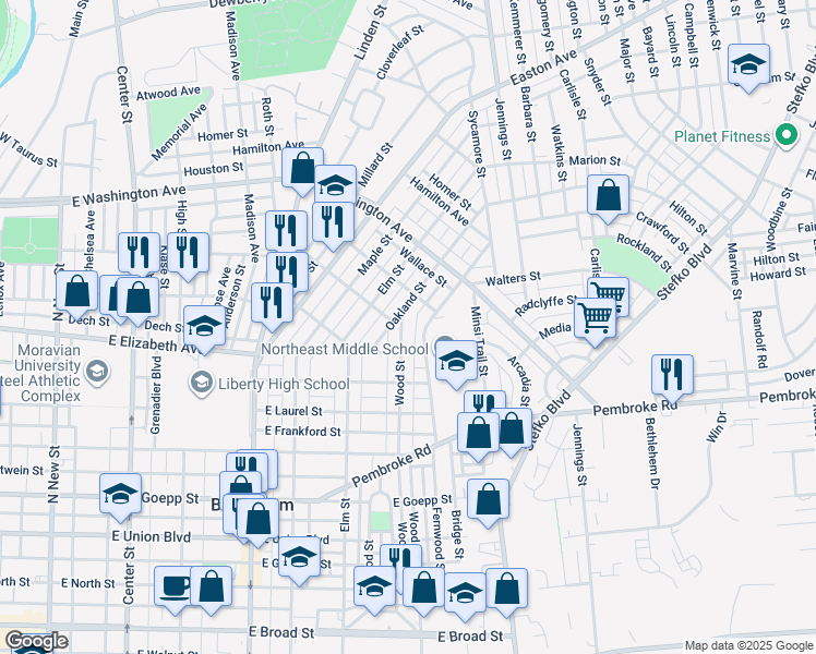 map of restaurants, bars, coffee shops, grocery stores, and more near 1422 Wood Street in Bethlehem