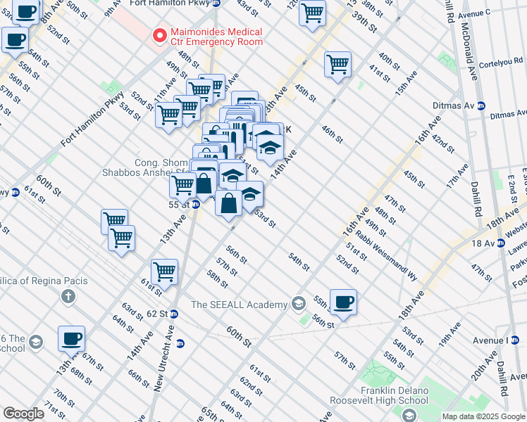 map of restaurants, bars, coffee shops, grocery stores, and more near 1421 53rd Street in Brooklyn