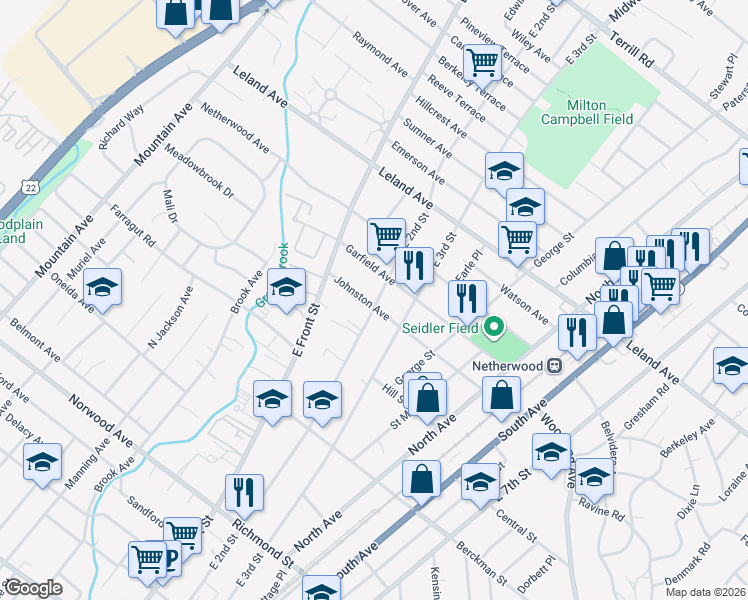 map of restaurants, bars, coffee shops, grocery stores, and more near 1000 East 2nd Street in Plainfield