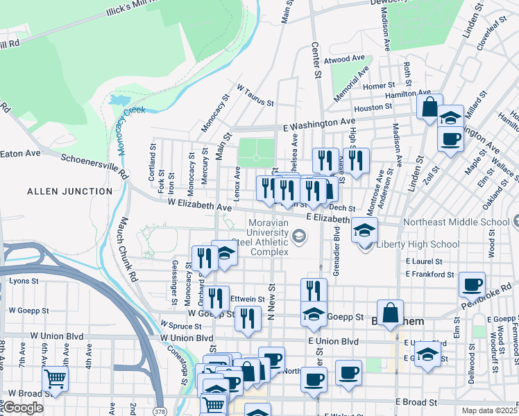 map of restaurants, bars, coffee shops, grocery stores, and more near 24 West Elizabeth Avenue in Bethlehem