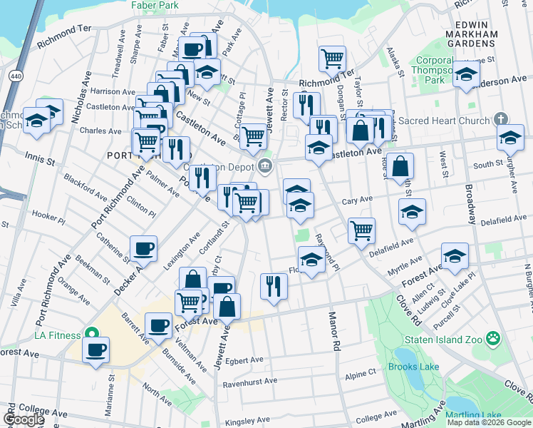 map of restaurants, bars, coffee shops, grocery stores, and more near 2 Driprock Street in Staten Island