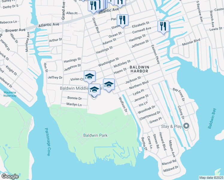 map of restaurants, bars, coffee shops, grocery stores, and more near 880 Jackson Street in Baldwin