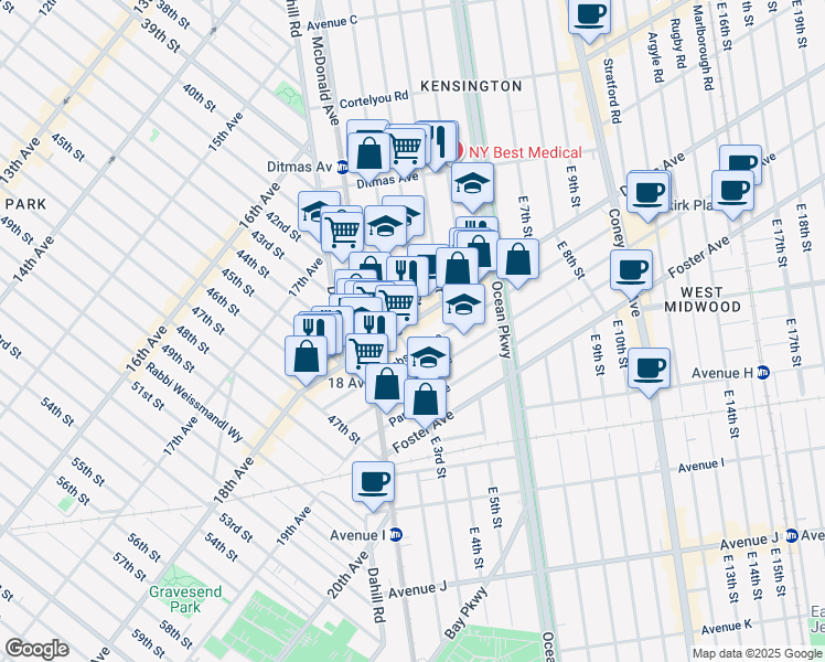 map of restaurants, bars, coffee shops, grocery stores, and more near 4207 18th Avenue in Brooklyn