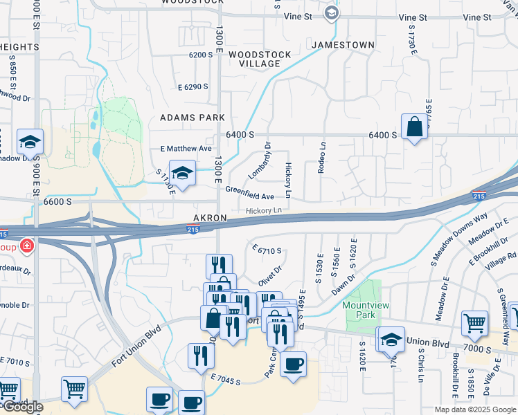map of restaurants, bars, coffee shops, grocery stores, and more near 1393 Hickory Lane in Murray
