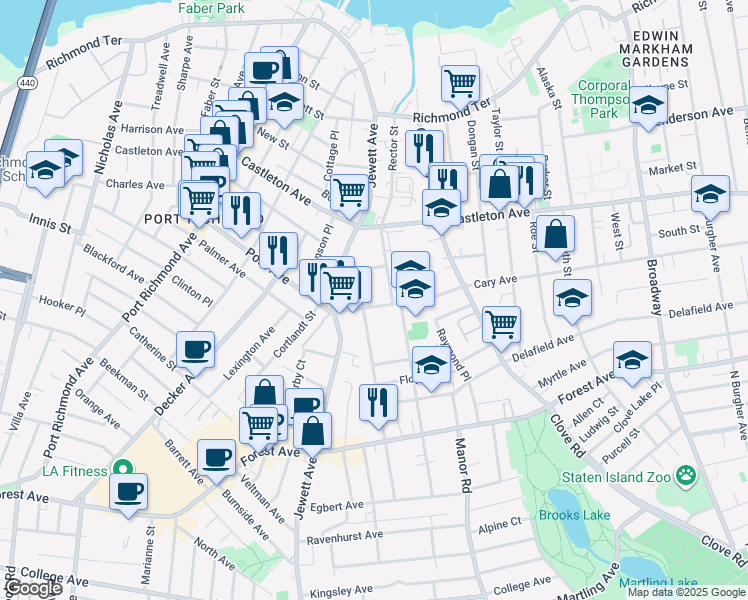 map of restaurants, bars, coffee shops, grocery stores, and more near 2 Driprock Street in Staten Island