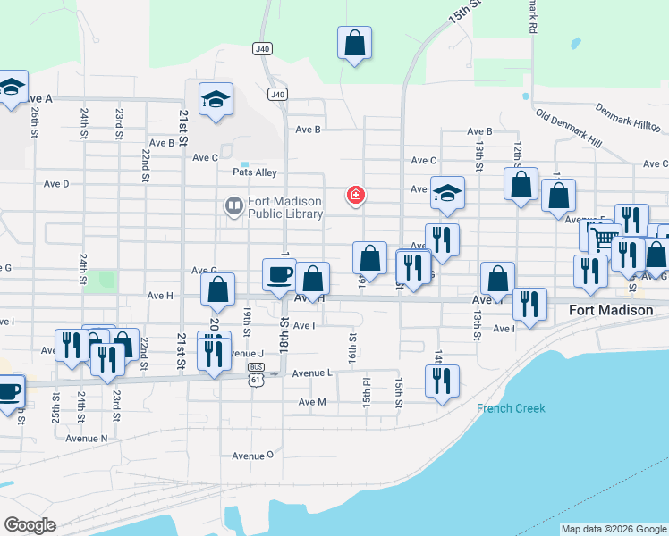 map of restaurants, bars, coffee shops, grocery stores, and more near 1632 Avenue F in Fort Madison