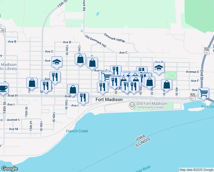 map of restaurants, bars, coffee shops, grocery stores, and more near 1000-1008 Avenue F in Fort Madison