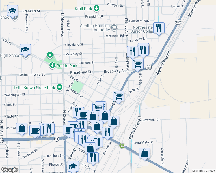 map of restaurants, bars, coffee shops, grocery stores, and more near 714 North 4th Street in Sterling