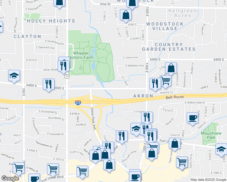 map of restaurants, bars, coffee shops, grocery stores, and more near 1075 6600 South in Salt Lake City