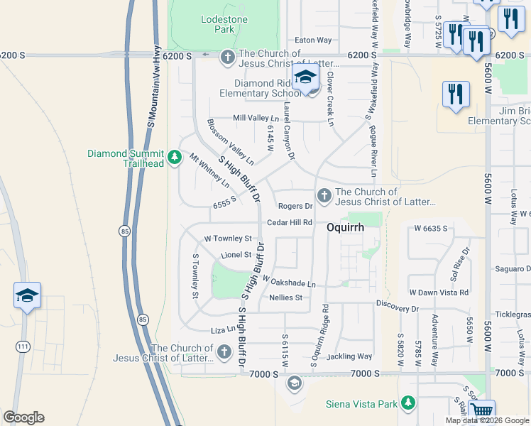 map of restaurants, bars, coffee shops, grocery stores, and more near 6567 South High Bluff Drive in West Valley City