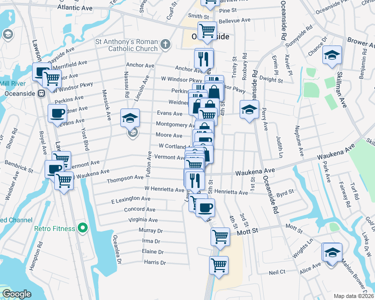 map of restaurants, bars, coffee shops, grocery stores, and more near 43 Moore Avenue in Oceanside