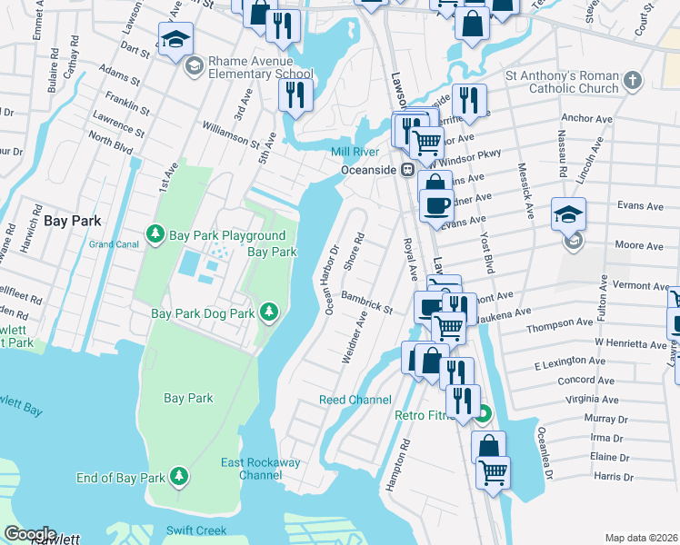map of restaurants, bars, coffee shops, grocery stores, and more near 3254 Shore Road in Oceanside