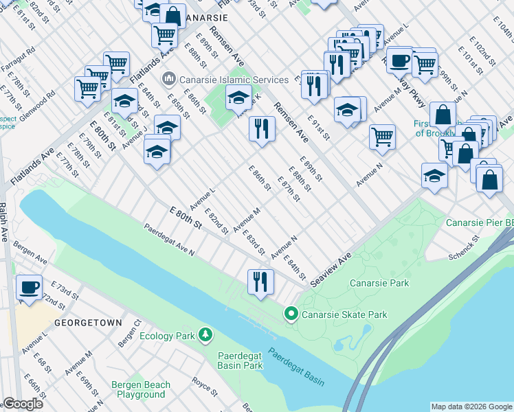 map of restaurants, bars, coffee shops, grocery stores, and more near 1268 East 86th Street in Brooklyn