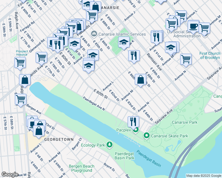 map of restaurants, bars, coffee shops, grocery stores, and more near 1207 East 83rd Street in Brooklyn
