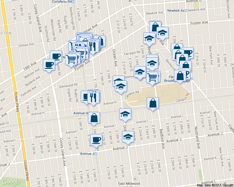 map of restaurants, bars, coffee shops, grocery stores, and more near 1222 Ocean Avenue in Brooklyn