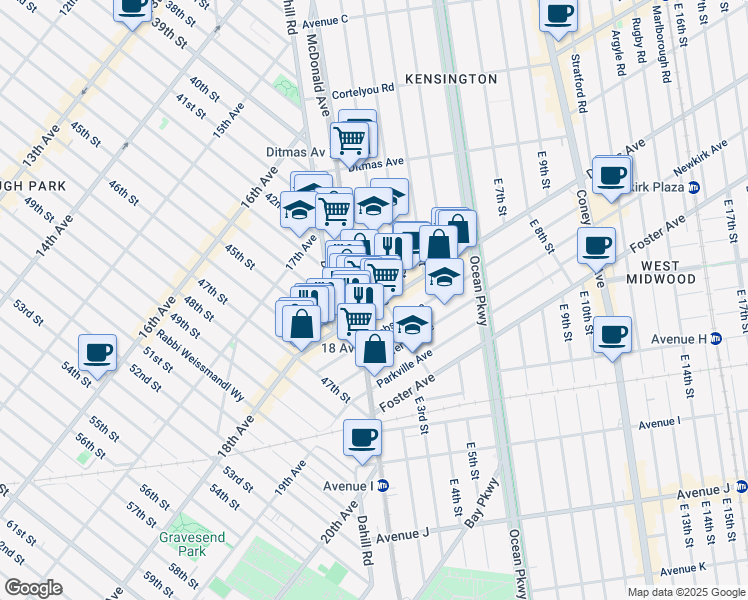 map of restaurants, bars, coffee shops, grocery stores, and more near 905 McDonald Avenue in Brooklyn