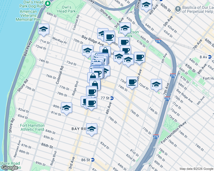 map of restaurants, bars, coffee shops, grocery stores, and more near 326 74th Street in Brooklyn