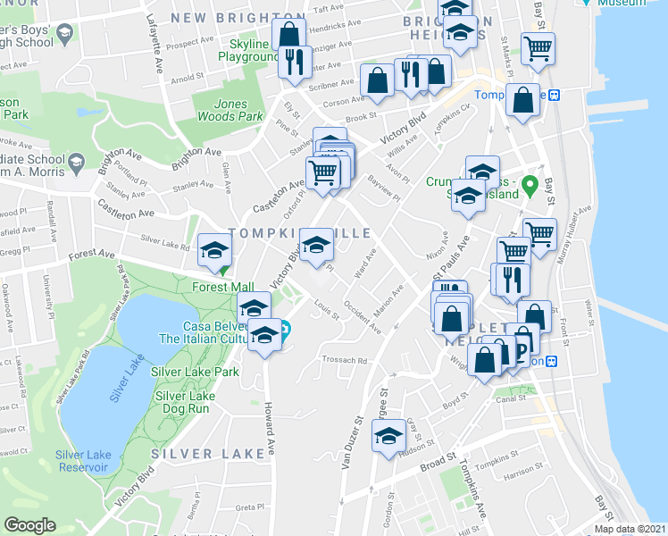 map of restaurants, bars, coffee shops, grocery stores, and more near 72B Clark Lane in Staten Island
