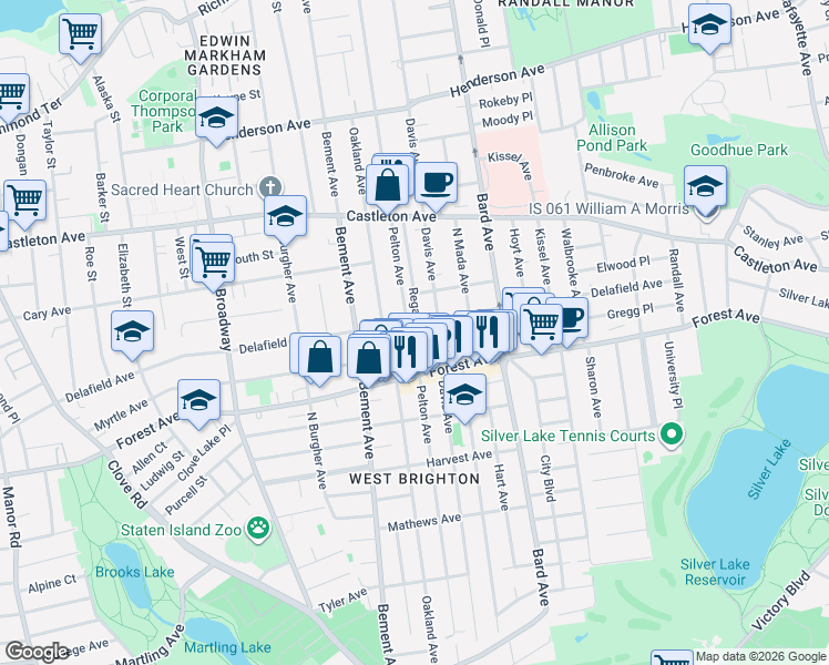 map of restaurants, bars, coffee shops, grocery stores, and more near 103 Regan Avenue in Staten Island